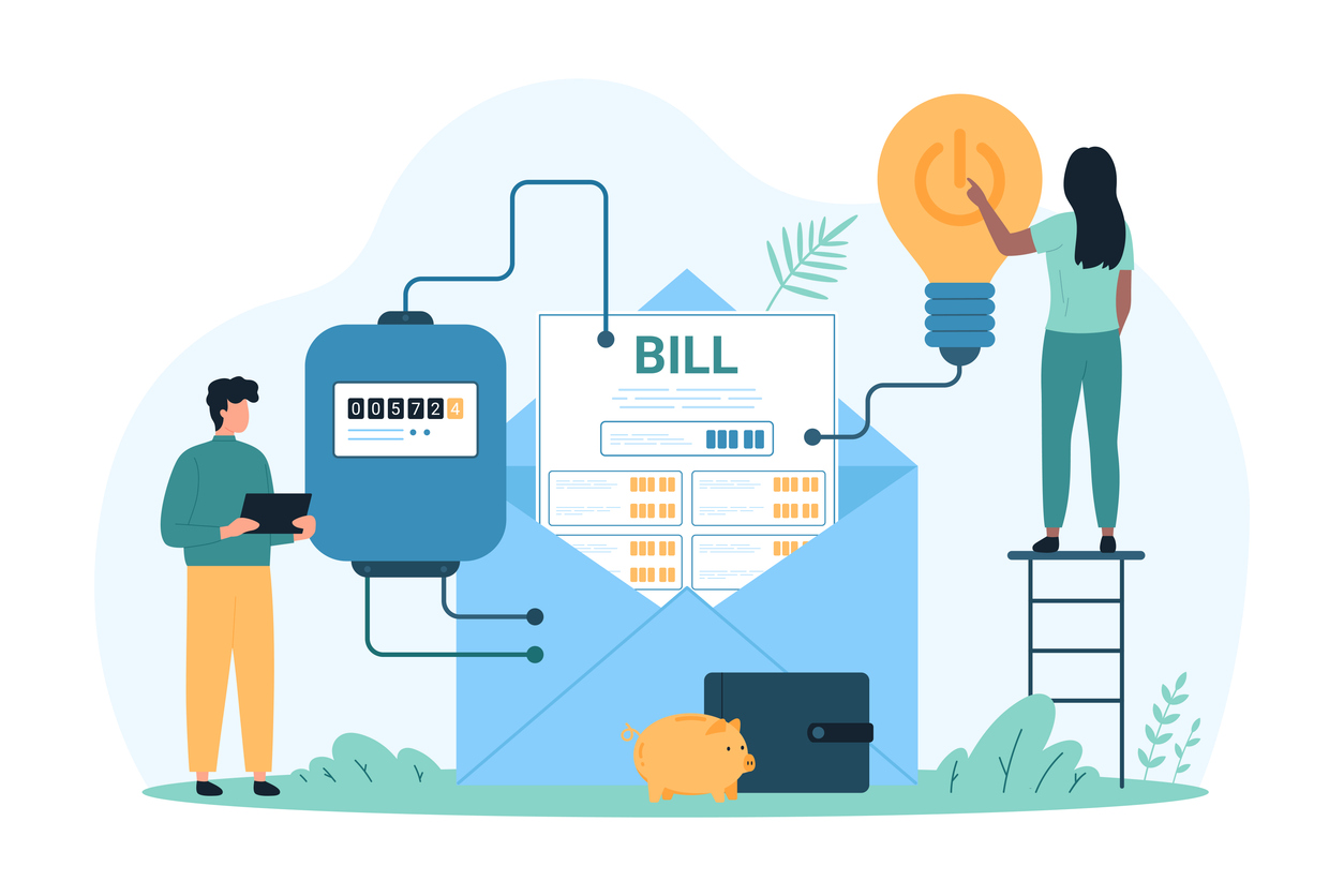 A block image of an energy meter connected to an energy bill with a light bulb and modern power button connected to the bill. Two people are interacting with the block images suggesting they are working together to manage their energy expenditure and cash flow.