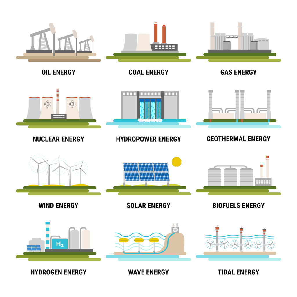 A list of usable energy that buildings utilitize. This includes oil, coal, gas, nuclear, hydropower, geothermal, wind, solar, biofuels, hydrogen, wave, and tidal energy.