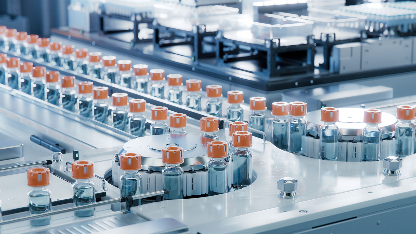 An image of a medical manufacturing line with vials full of medicine.