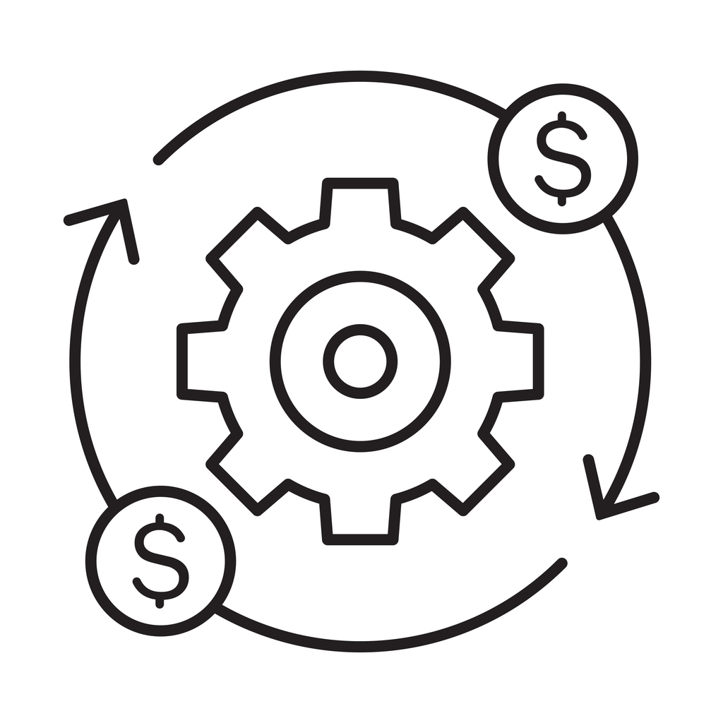 A block image of a gear with dollar signs spinning around to symbolize the cost of manufacturing.